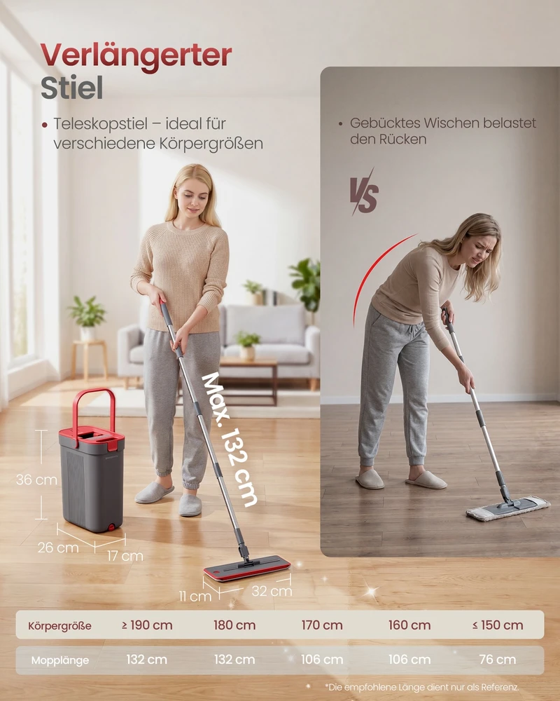 Songmics Grindų šluostės rinkinys su kibiru ir pertvara, pilkas–raudonas, 60–132 cm