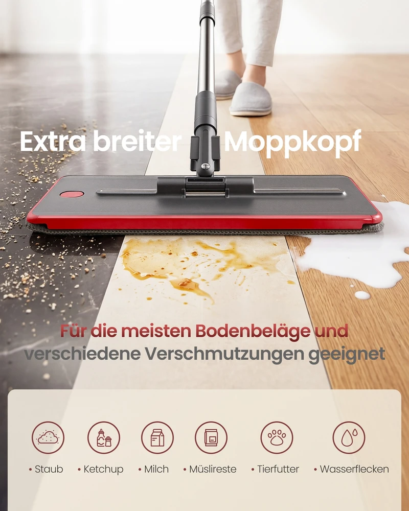 Songmics Grindų šluostės rinkinys su kibiru ir pertvara, pilkas–raudonas, 60–132 cm