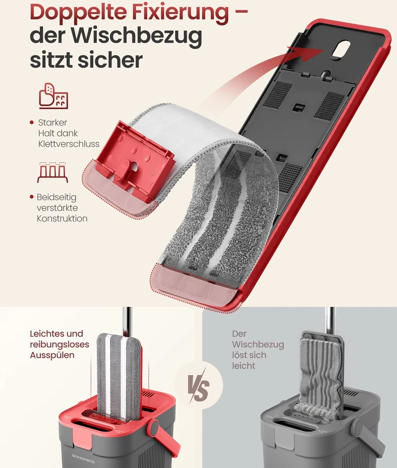 Songmics Grindų šluostės rinkinys su kibiru ir pertvara, pilkas–raudonas, 60–132 cm