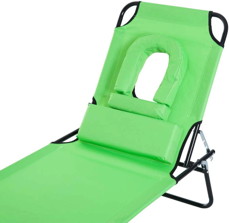„Outsunny“ sulankstomas sodo gultas su anga skaitymui, pagalve, 4 padėčių reguliuojamu atlošu, atsparus oro sąlygoms kempingo gultas iki 120 kg, sodui, paplūdimiui, baseinui, žalias