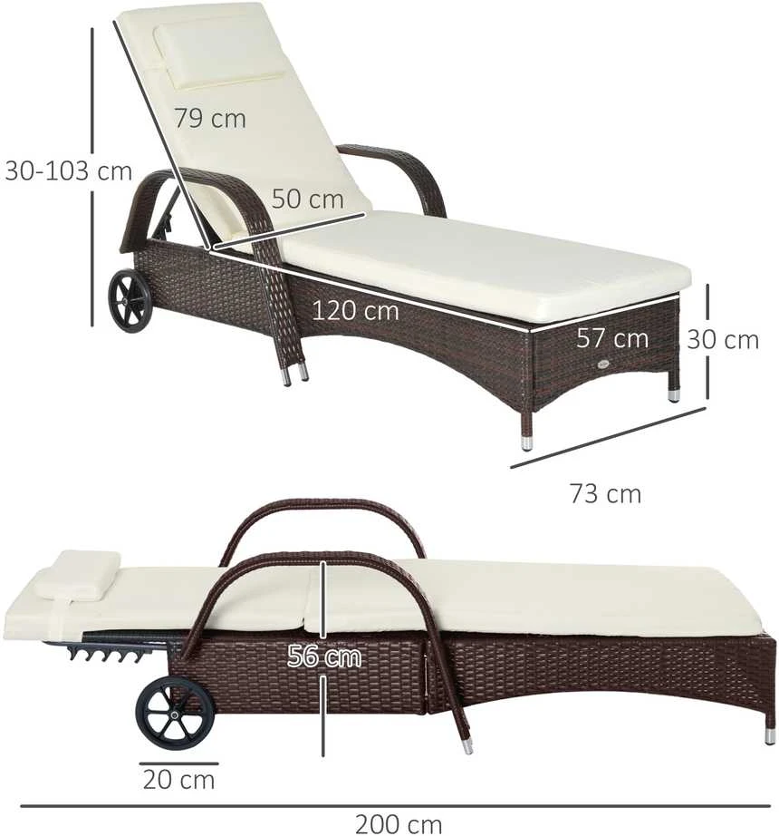 Outsunny sodo gultas, rotango gultas, mobilus su pagalve ir ratukais, polirotango ir metalo, kavos rudos spalvos, 200 x 73 x 30–103 cm