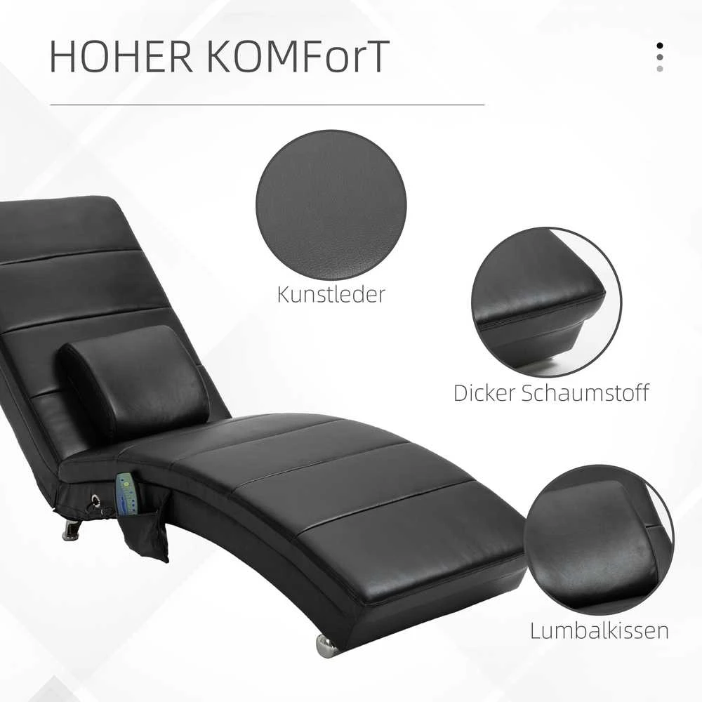 HOMCOM poilsio gultas su masažo funkcija, aukštu atlošu ir pagalve, dirbtinė oda, metalas, porolonas, juodas, 58 x 163 x 87 cm