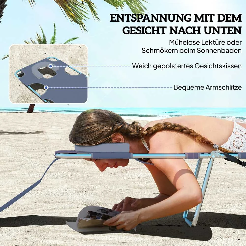 "Outsunny" sulankstomas sodo gultas su skaitymo langeliu, galvos pagalvėle, 5 padėčių reguliuojamu atlošu, oro sąlygoms atsparus kempingo gultas, maksimali apkrova 120 kg, skirtas sodui, paplūdimiui, baseinui, pilkos spalvos
