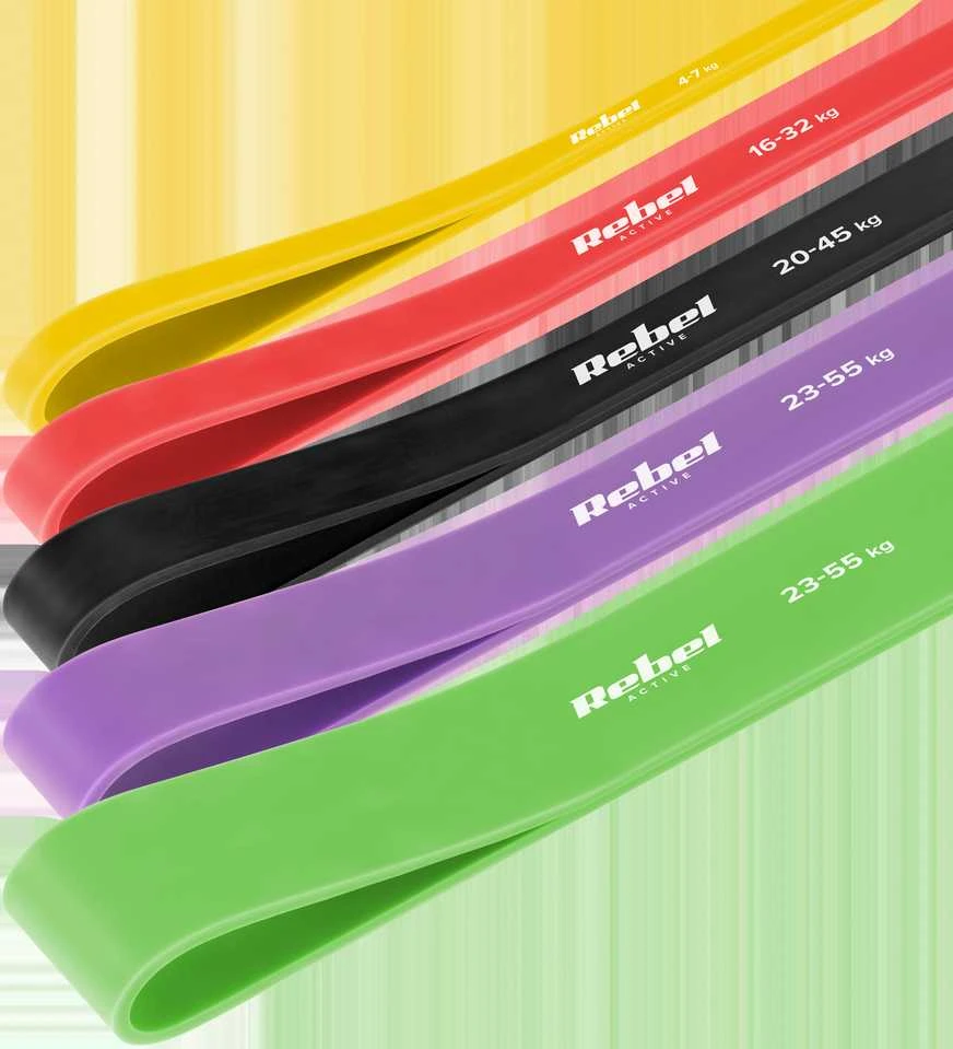 TPE mankštos juostų rinkinys - Power Band PTs-1, 4-55 kg, 5 TPE juostos, REBEL ACTIVE