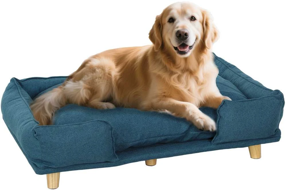 PawHut šunų lova, šunų pagalvė, šunų krepšelis, šunų sofa, medinės kojelės, poliesteris, tamsiai mėlyna, 96 x 66 x 24 cm