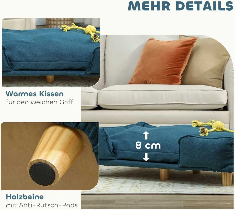 PawHut šunų lova, šunų pagalvė, šunų krepšelis, šunų sofa, medinės kojelės, poliesteris, tamsiai mėlyna, 96 x 66 x 24 cm