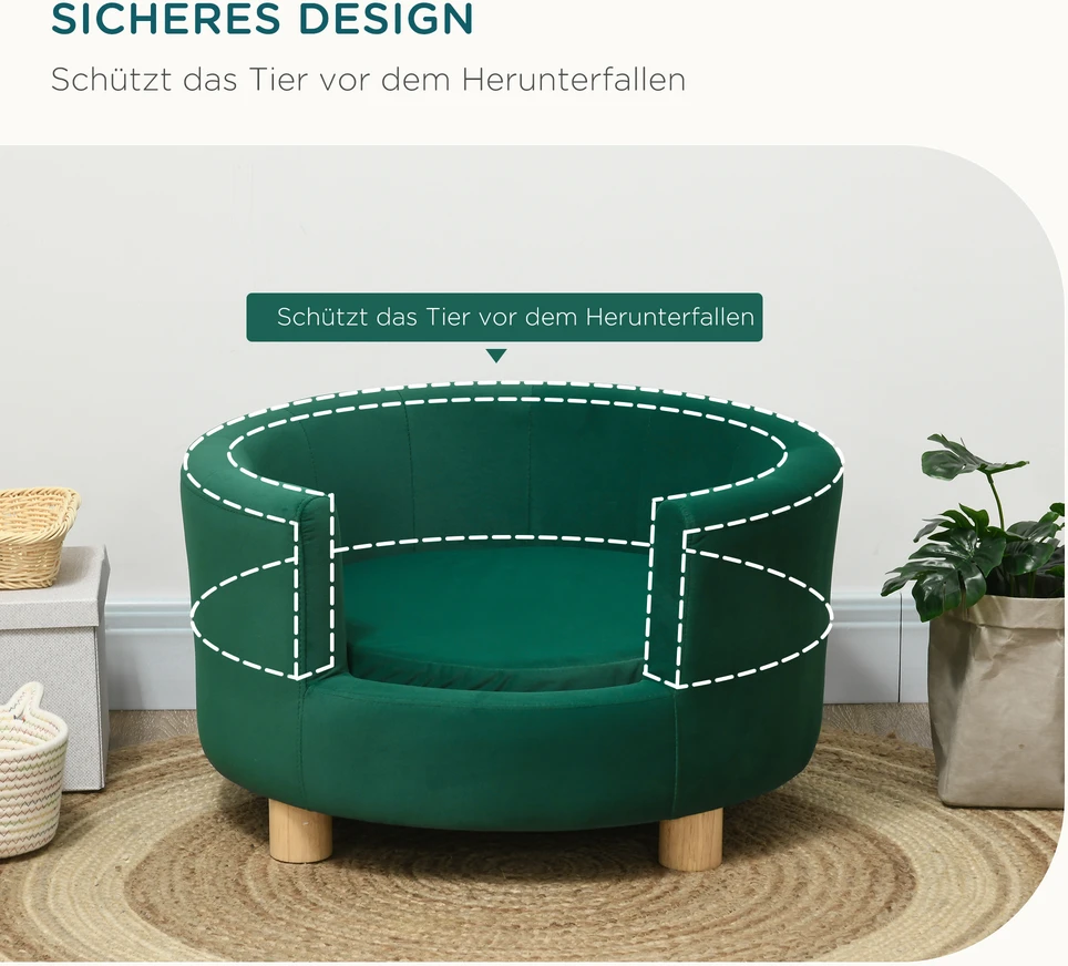 PawHut šunų guolis – elegantiška šunų sofa su minkštu užvalkalu ir medinėmis kojelėmis, 65x64x37 cm