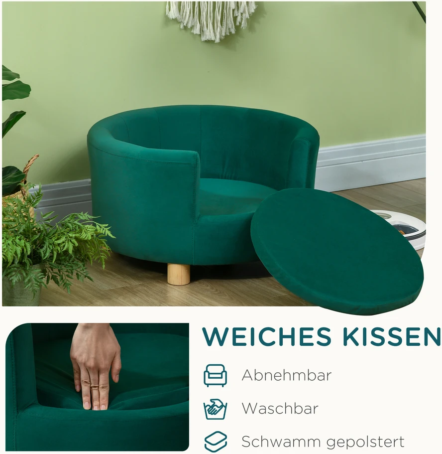 PawHut šunų guolis – elegantiška šunų sofa su minkštu užvalkalu ir medinėmis kojelėmis, 65x64x37 cm