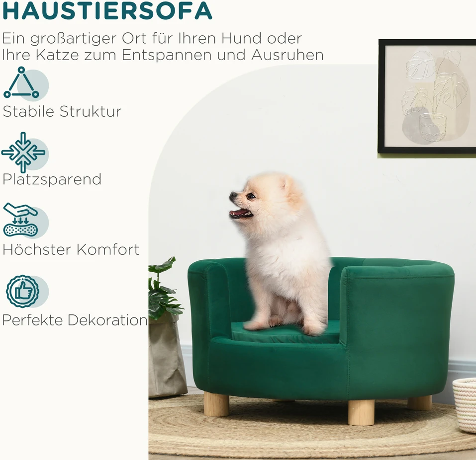 PawHut šunų guolis – elegantiška šunų sofa su minkštu užvalkalu ir medinėmis kojelėmis, 65x64x37 cm