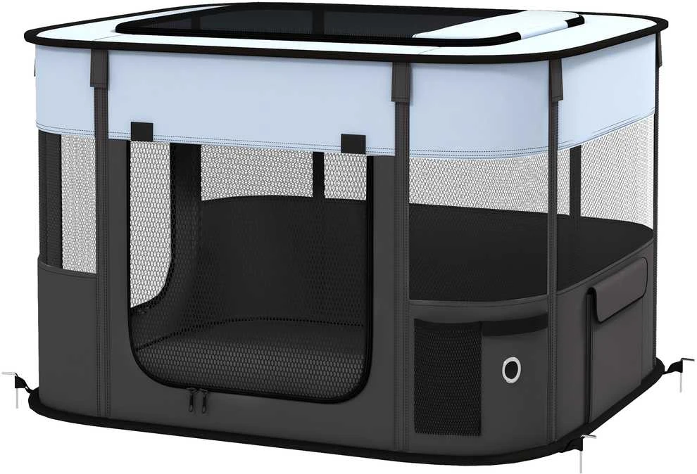 PawHut šuniukų aptvaras, šuniukų maniežas su durelėmis, langais, sulankstomas, kvėpuojantis tinklelis, mažiems šunims iki 4kg ir smulkiems gyvūnams, vidaus ir lauko naudojimui, 74 x 60 x 45 cm, pilkas
