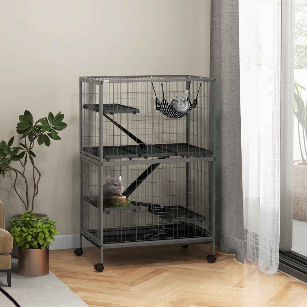 "Pawhut" narvas graužikams Daugiafunkcinis 4 platformos 3 rampos 4 durys Matmenys 80L x 52W x 128H cm Plieninis pilkas sidabrinis juodas