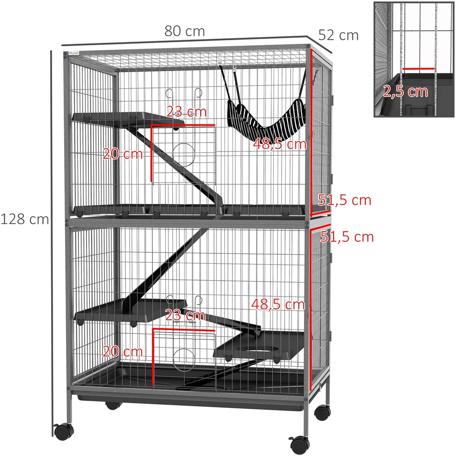 "Pawhut" narvas graužikams Daugiafunkcinis 4 platformos 3 rampos 4 durys Matmenys 80L x 52W x 128H cm Plieninis pilkas sidabrinis juodas