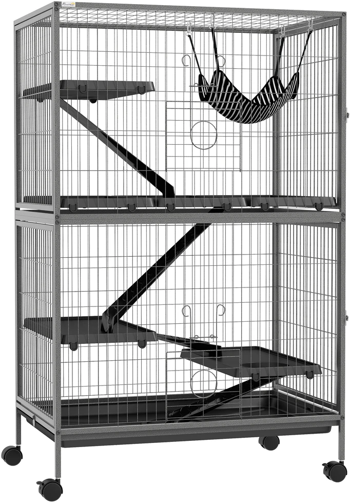 "Pawhut" narvas graužikams Daugiafunkcinis 4 platformos 3 rampos 4 durys Matmenys 80L x 52W x 128H cm Plieninis pilkas sidabrinis juodas