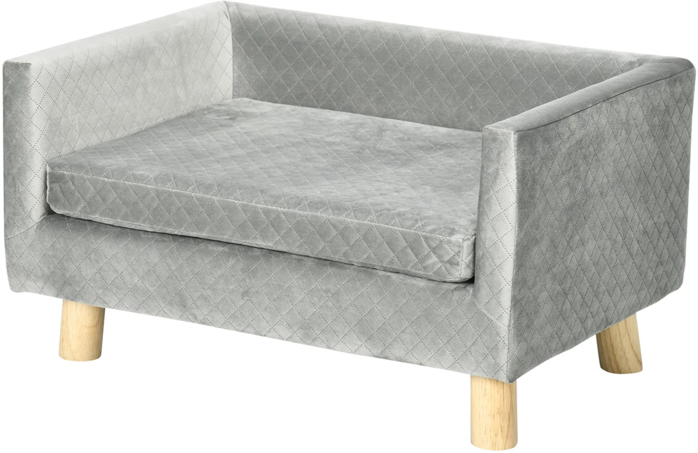 PawHut šunų sofa, aksominio prisilietimo naminių gyvūnėlių sofa mažiems šunims iki 8kg, su medinėmis kojelėmis, pilka, 64x45x36 cm