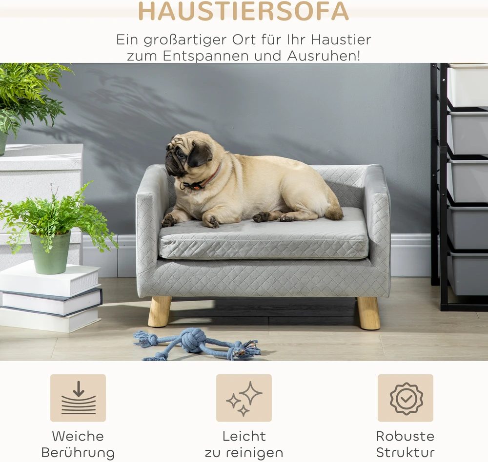 PawHut šunų sofa, aksominio prisilietimo naminių gyvūnėlių sofa mažiems šunims iki 8kg, su medinėmis kojelėmis, pilka, 64x45x36 cm