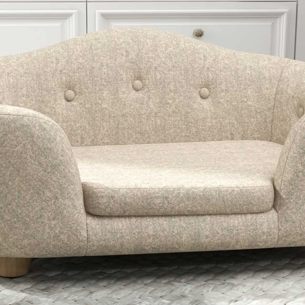 PawHut naminių gyvūnų sofa, šuns guolis su pagalve, kišene atloše, pliušiniu užvalkalu, kreminės baltos spalvos, pušies rėmas