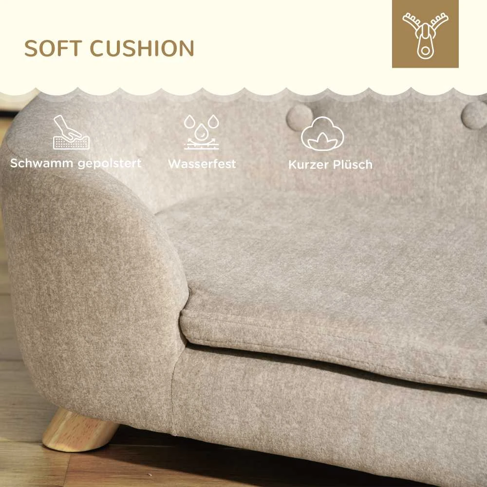 PawHut naminių gyvūnų sofa, šuns guolis su pagalve, kišene atloše, pliušiniu užvalkalu, kreminės baltos spalvos, pušies rėmas