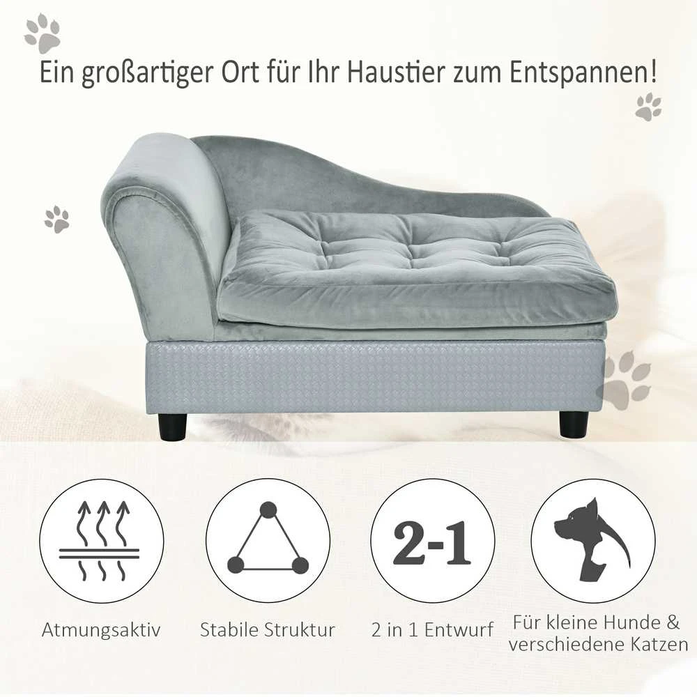 PawHut šunų sofa, pliušinė šunų lova su kilimėliu ir saugykla, natūrali mediena, šviesiai mėlyna, 76x45x41,5 cm