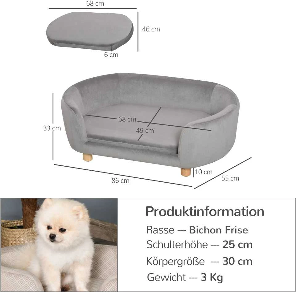 PawHut naminių gyvūnų sofa, šuns guolis su olandišku aksomu, putplasčiu ir beržinėmis kojomis, katėms ir šunims, 86 x 55 x 33 cm, šviesiai pilka