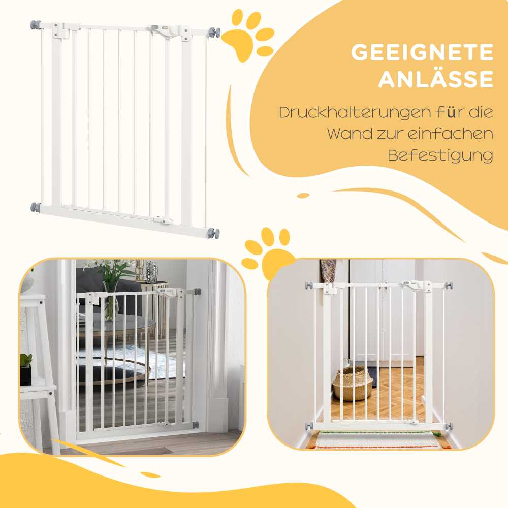PawHut apsauginiai varteliai šunims, pertvara, 74-80 cm, apsauginiai varteliai laiptams augintiniams, tinklelis šunims, apsauginiai varteliai be gręžimo, metalas, plastikas, balti