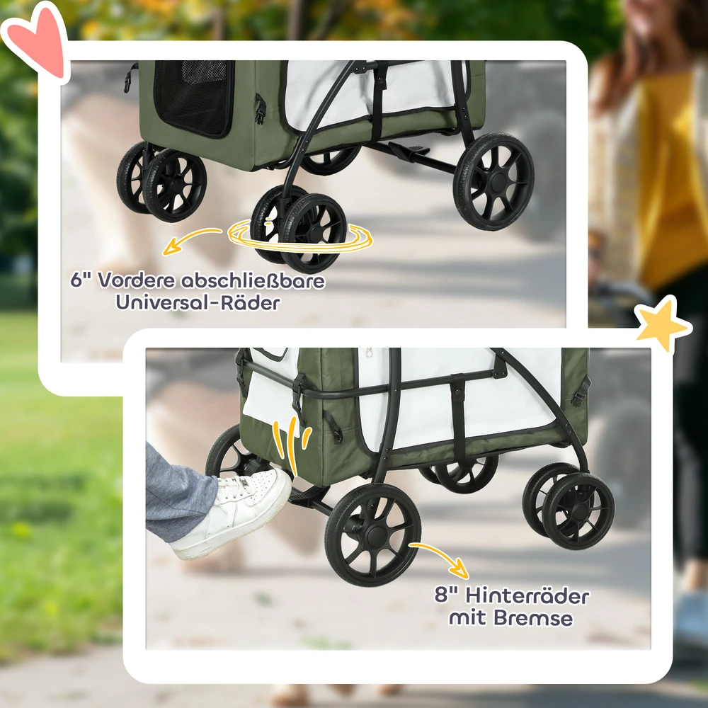 „PawHut“ 2-in-1 sulankstomas šunų ir kačių vežimėlis iki 10 kg, su pagalvėle, tinkliniais langais, durelėmis ir krepšiu daiktams laikyti, tamsiai žalias