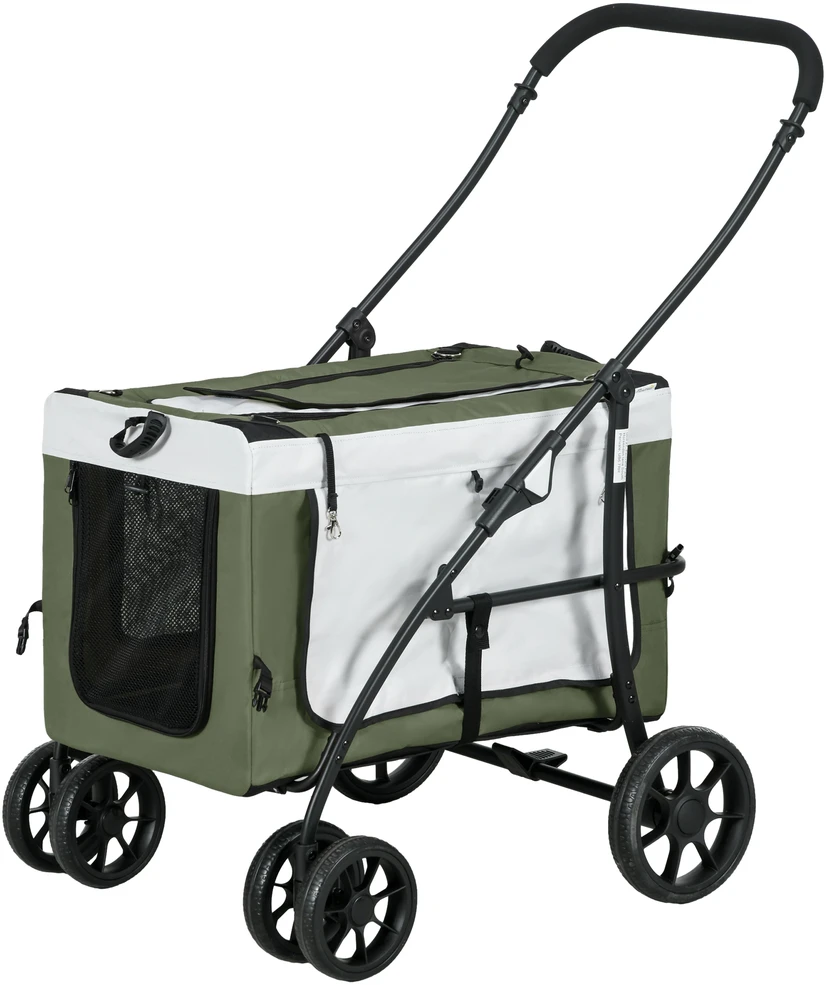 „PawHut“ 2-in-1 sulankstomas šunų ir kačių vežimėlis iki 10 kg, su pagalvėle, tinkliniais langais, durelėmis ir krepšiu daiktams laikyti, tamsiai žalias