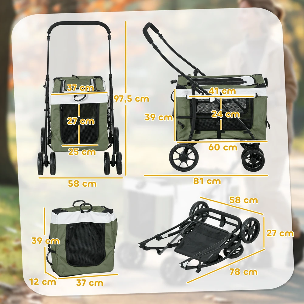 „PawHut“ 2-in-1 sulankstomas šunų ir kačių vežimėlis iki 10 kg, su pagalvėle, tinkliniais langais, durelėmis ir krepšiu daiktams laikyti, tamsiai žalias