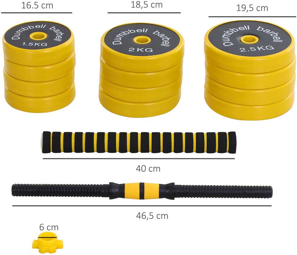 HOMCOM 25 kg hanteliai ir štangos, reguliuojamas ergonomiškas 3-in-1 hantelių rinkinys, 12 × plokštelių, 2 × trumpi strypai, 1 × ilgas strypas, geltona + juoda