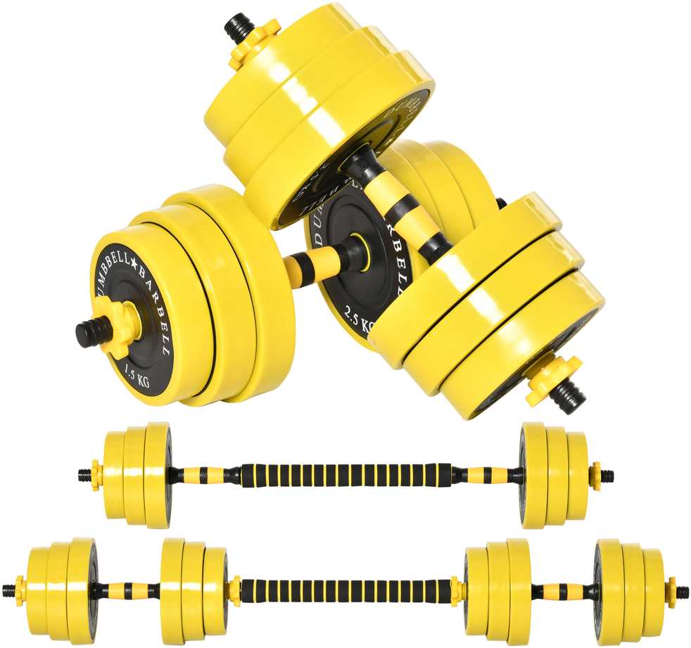 HOMCOM 25 kg hanteliai ir štangos, reguliuojamas ergonomiškas 3-in-1 hantelių rinkinys, 12 × plokštelių, 2 × trumpi strypai, 1 × ilgas strypas, geltona + juoda