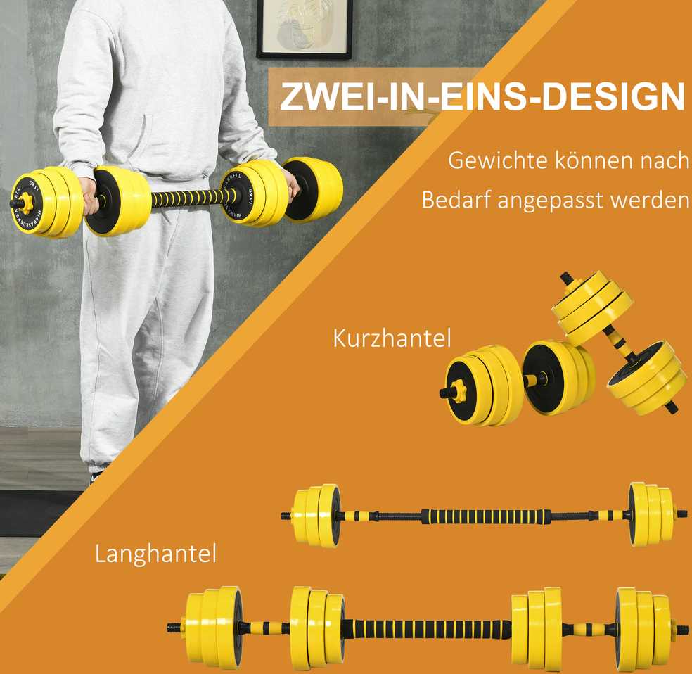 HOMCOM 25 kg hanteliai ir štangos, reguliuojamas ergonomiškas 3-in-1 hantelių rinkinys, 12 × plokštelių, 2 × trumpi strypai, 1 × ilgas strypas, geltona + juoda