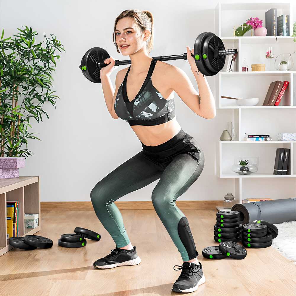 2-in-1 hantelių rinkinys, štanga ir hanteliai, 30 kg, neslystantis, grindis tausojantis, juodas/žalias
