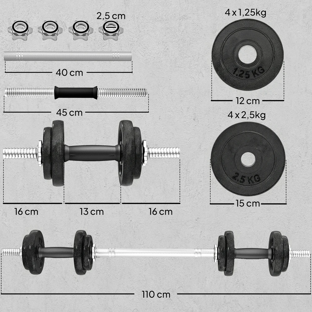 Hanteliai ir štanga 20 kg 16 vnt.