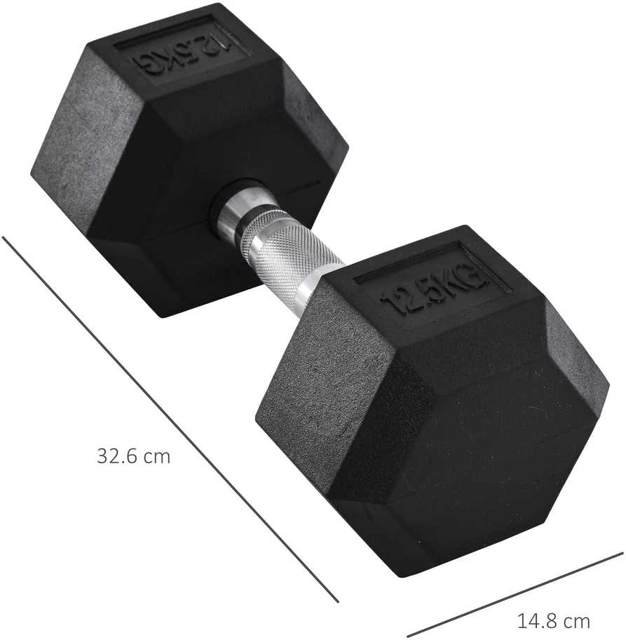 HOMCOM šešiakampis hantelis iš ketaus, guma dengtas hantelis, rantyta rankena, metalas, guma, juodas, 1 x 12,5kg