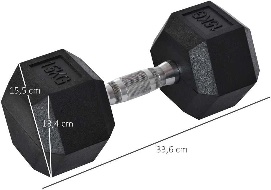 HOMCOM šešiakampis hantelis, ketaus, gumuotas, rifliuota rankena, metalas, guma, juodas, 1 x 15 kg