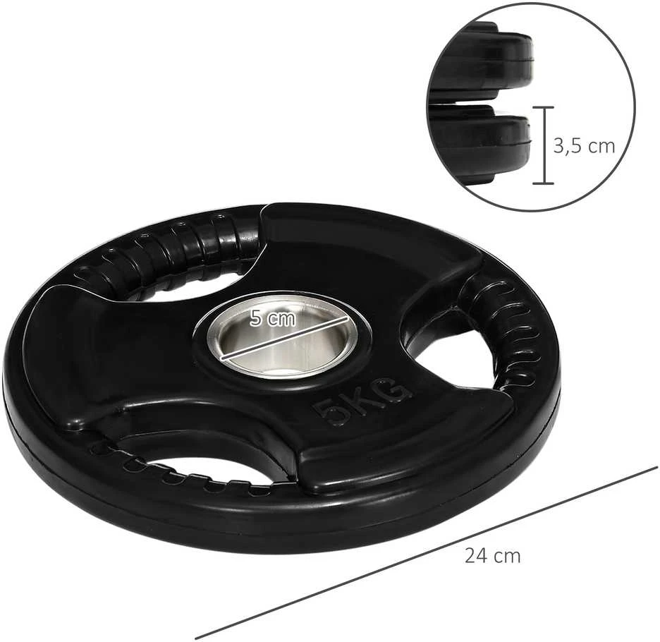 SPORTNOW svorių plokštės, 2 vnt. rinkinys, Tri-Grip, 2 x 5kg, gumuotos olimpinės plokštės, apsaugančios grindis, 5 cm skylė, trys rankenos, jėgos treniruotėms