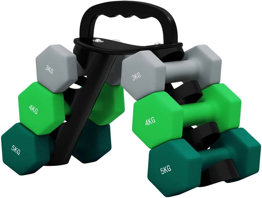 SPORTNOW 6 dalių hantelių rinkinys 2 x 3kg, 2 x 4kg, 2 x 5kg, hantelių rinkinys su stovu, šešiakampiai hanteliai, jėgos treniruotėms, sportui namuose, pilka+žalia+turkio spalva
