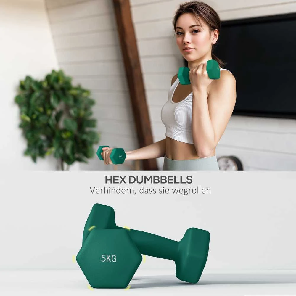 SPORTNOW 6 dalių hantelių rinkinys 2 x 3kg, 2 x 4kg, 2 x 5kg, hantelių rinkinys su stovu, šešiakampiai hanteliai, jėgos treniruotėms, sportui namuose, pilka+žalia+turkio spalva