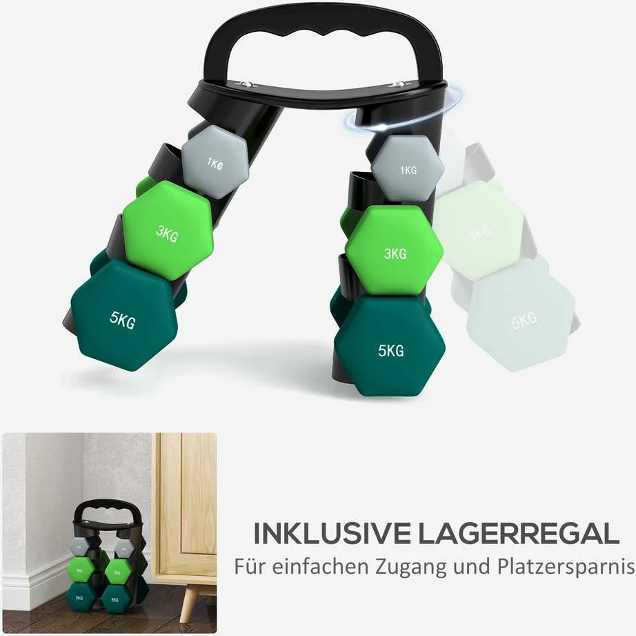 SPORTNOW hantelių rinkinys, 6 vienetai su sulankstomu stovu, 2 x 1kg, 2 x 3kg, 2 x 5kg hanteliai, skirti fitnesui, gimnastikai, namams