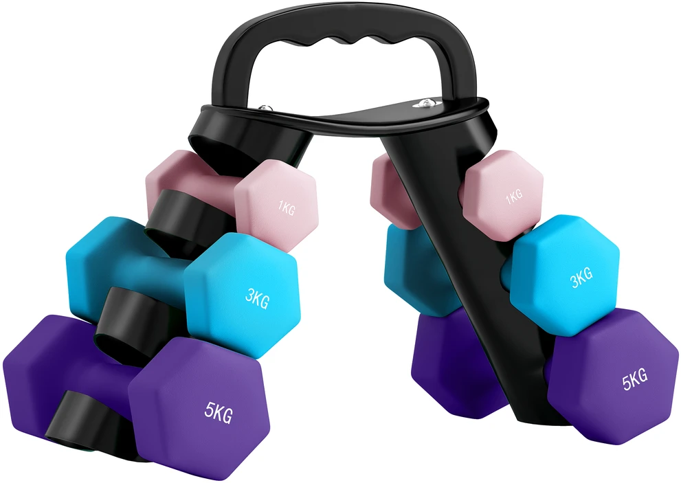 SPORTNOW hantelių rinkinys su laikymo stovu, 6 hantelių rinkinys kūno rengybos treniruotėms, 2 x 1kg, 2 x 3kg, 2 x 5kg