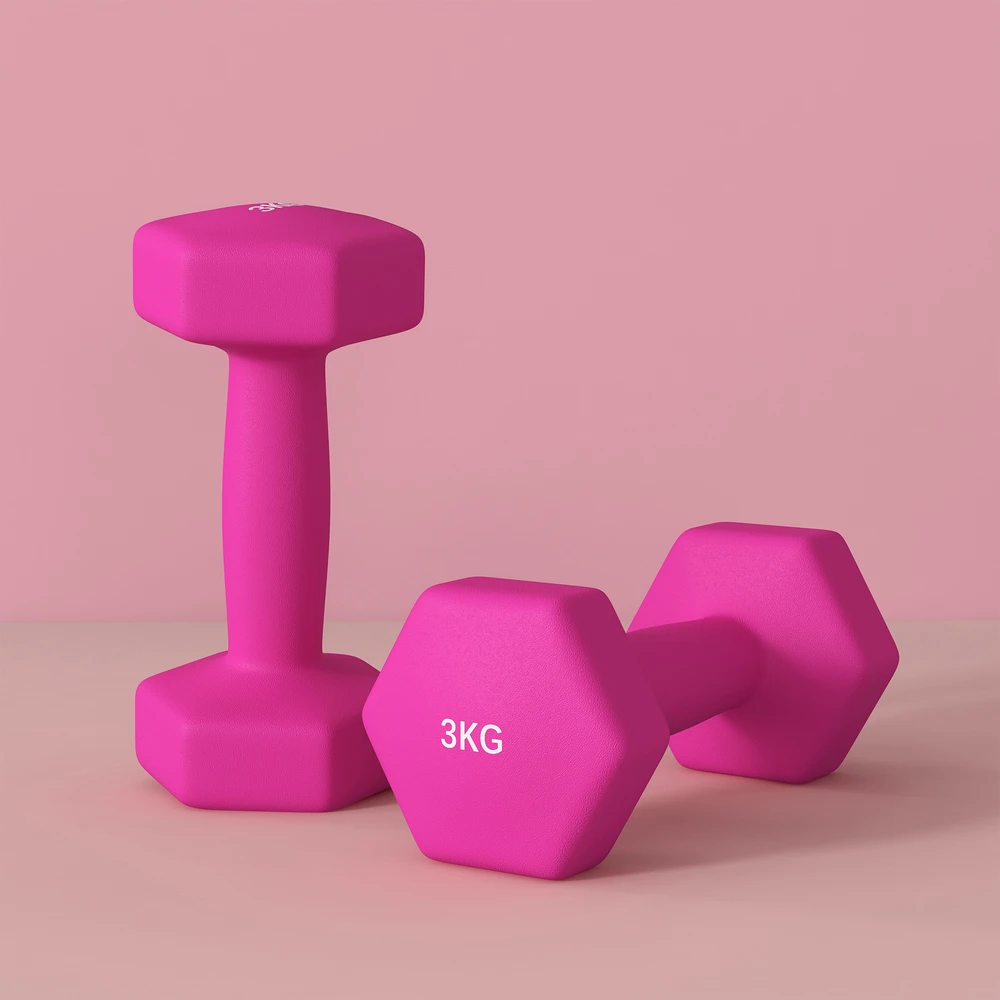 SPORTNOW 2 hantelių rinkinys 2 x 3kg hantelių rinkinys, šešiakampių hantelių rinkinys, pritaikytas grindims, skirtas jėgos treniruotėms namuose, rožinės spalvos