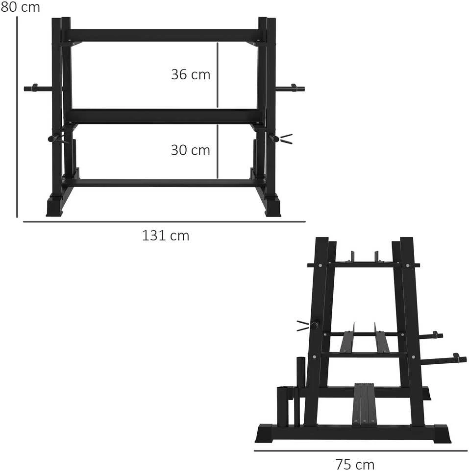 SPORTNOW hantelių stovas 3 lygių iki 200 kg, plieno, juodas, 131x75x80 cm