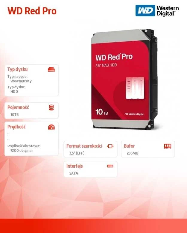 Sandisk „Western Digital Raudona Pro“ vidinis kietasis diskas, 10 TB, 7200 RPM, 512 MB, 3,5 colio, „Serial ATA III“