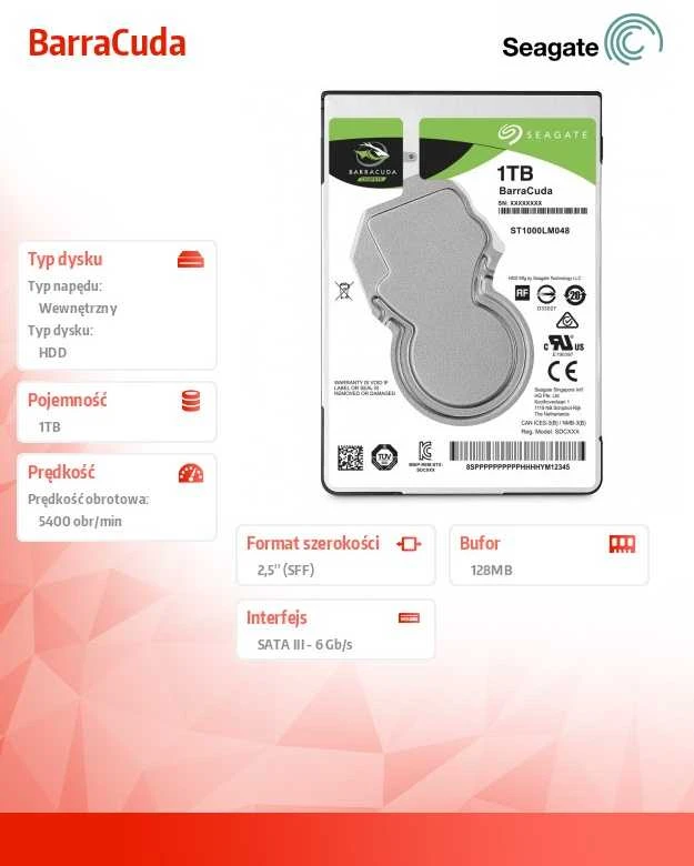 Seagate BarraCuda 2.5'' 1TB SATA3 5400RPM 128MB