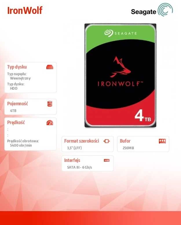 Kietasis diskas  SEAGATE NAS HDD 4TB IronWolf /5400rpm 6Gb/s/ SATA 256MB cache 3.5inch/ 24x7 CMR for NAS and RAID rackmount systems BLK