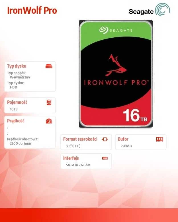 SEAGATE Ironwolf PRO Enterprise NAS HDD 16TB 7200rpm 6Gb/s SATA 256MB talpykla 8,9 cm 3,5 colio 24x7 NAS ir amp; RAID Rackmount sistemos BLK