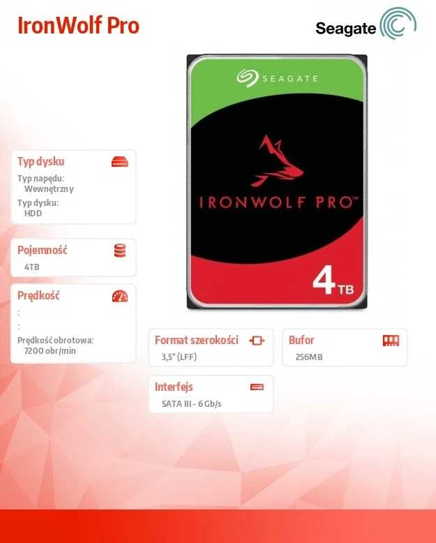 „SEAGATE Ironwolf PRO Enterprise NAS HDD 4TB 7200rpm 6Gb/s SATA 256MB cache 8.9cm 3.5inch 24x7“ skirtas NAS ir RAID Rackmount sistemoms, juodos spalvos