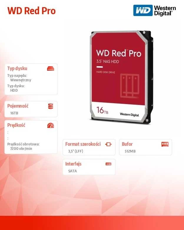 Western Digital Sandisk WD Raudona Pro 16TB 6Gb/s SATA 512MB Cache Internal 3.5inch HDD bulk