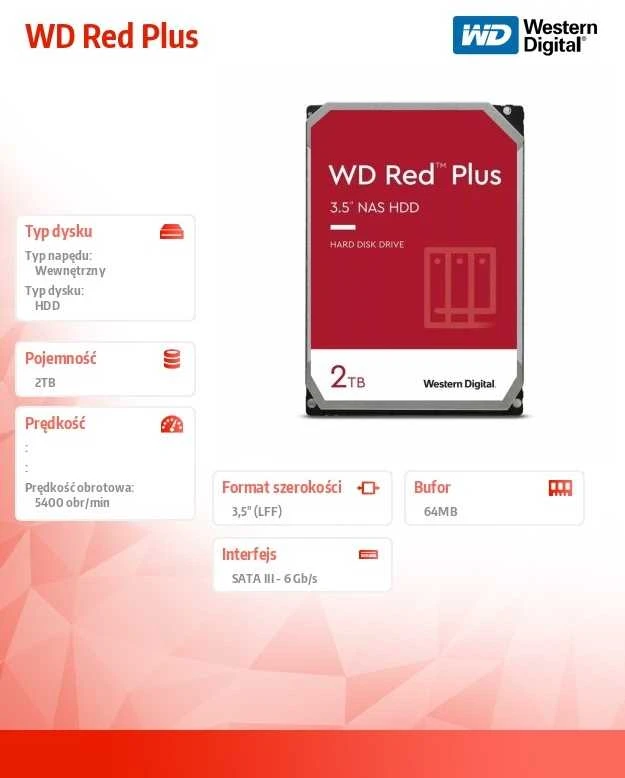 Sandisk WD Raudona Plus 2TB SATA 6Gb/s 3.5inch Rpm5400 128MB cache vidinis HDD diskas, didmeninis