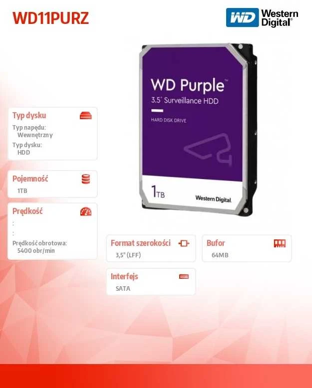 Western Digital | Hard Drive | Violetinė Surveillance WD11PURZ | 5400 RPM | 1000 GB