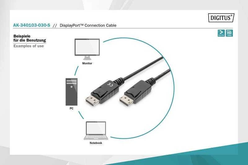 Assmann Electronic ASSMANN DisplayPort kabelis DP St/St 3,0m m/look DP 1.1a konform UL sw